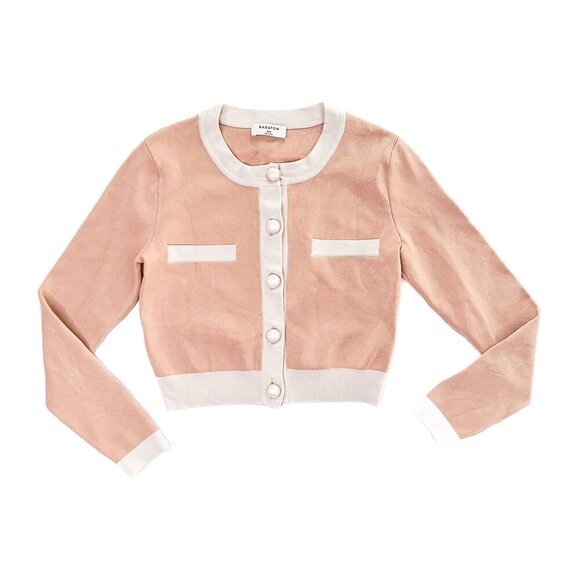 Babaton Legacy Cardigan Crew-Neck Structured Knit Pearl Dome Buttons - Size 2XS - Picture 2 of 5